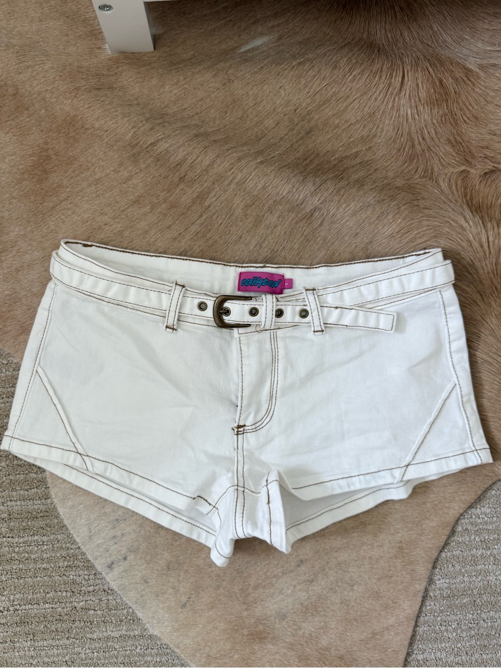 Edikted White Denim Belted Jean Shorts